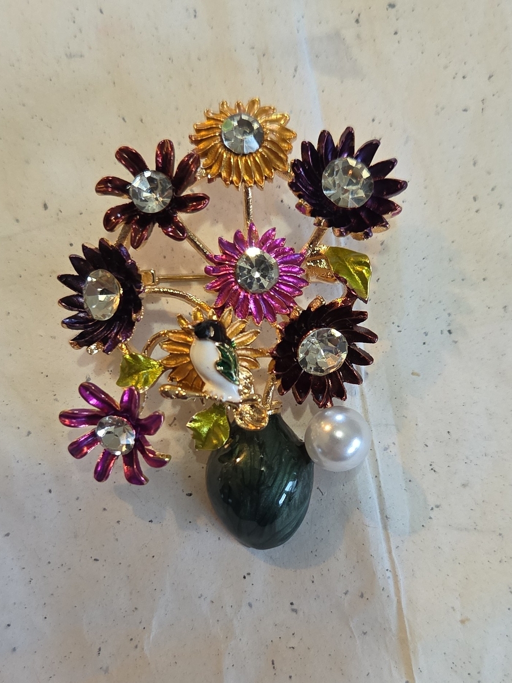 Floral Bird Crystal Bouquet Brooch - Purple, Pink, Gold